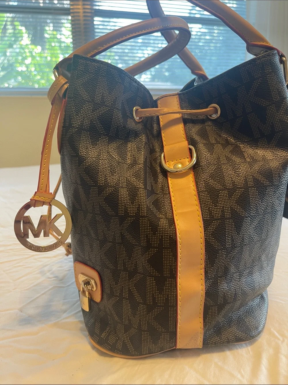 Michael Kors Black Logo Drawstring Shoulder Bag with Tan Trim